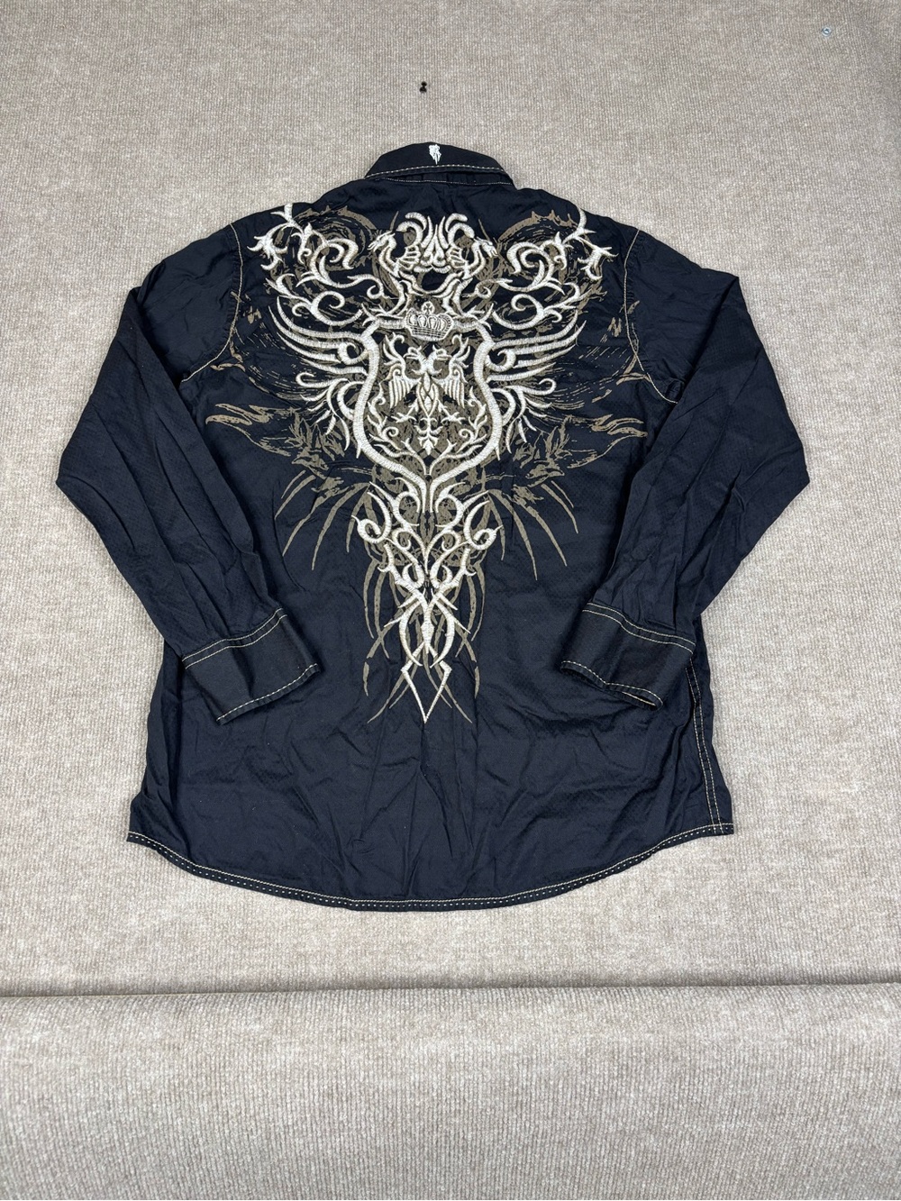 Y2K Vintage Roar Shirt Mens L Black Long Sleeve Button Up Embroidered Grunge VTG